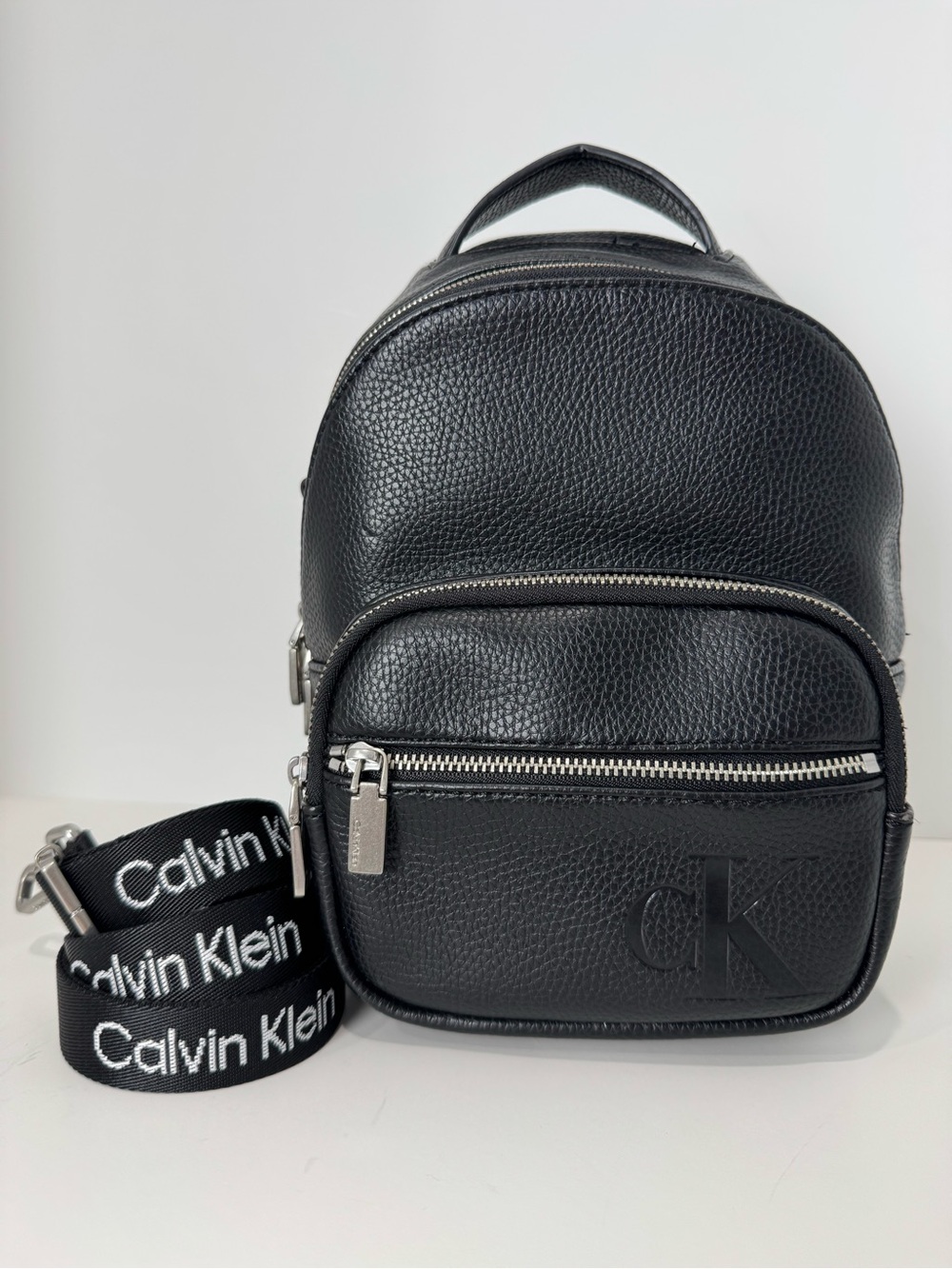 Calvin Klein Black Pebbled Faux Leather Convertible Mini Backpack Crossbody